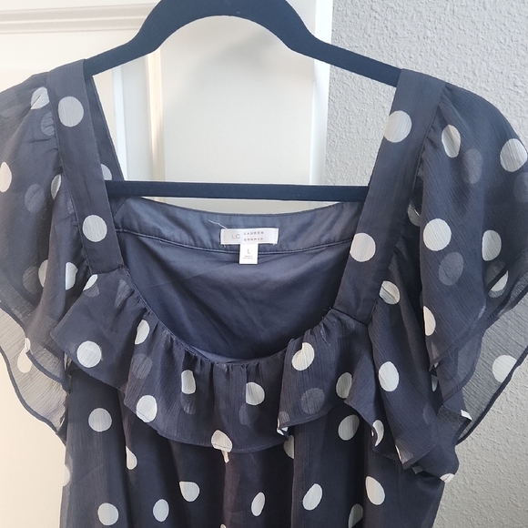 Lauren Conrad Women's Polka Dot Ruffle Top Blue and White Size Large - Picture 3 of 3